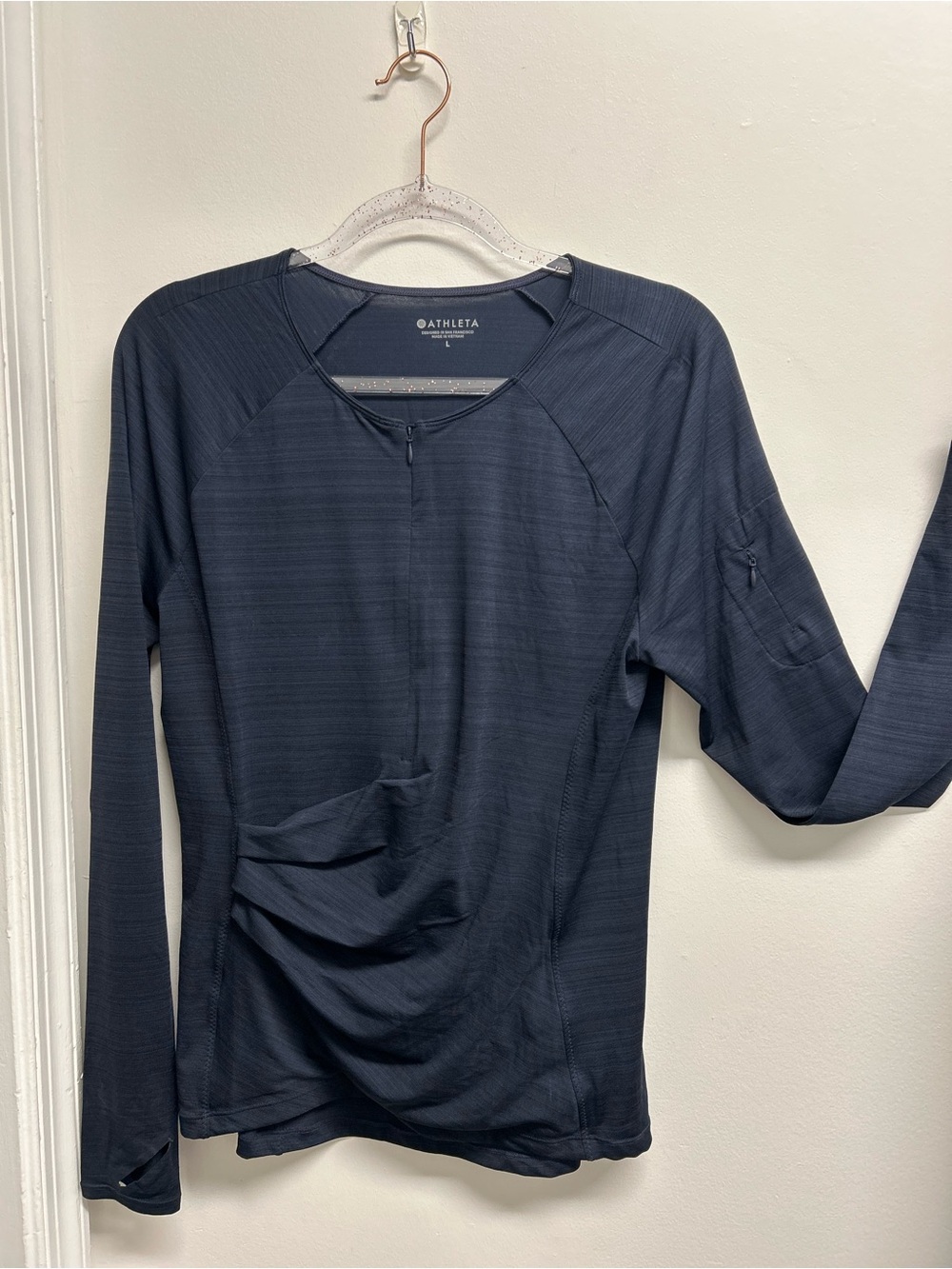 Athleta Navy Long-Sleeve Zip-Front Ruched Performance Top